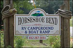 entrance sign for Horseshoe Bend RV Campground, Cabins & Boat Ramp